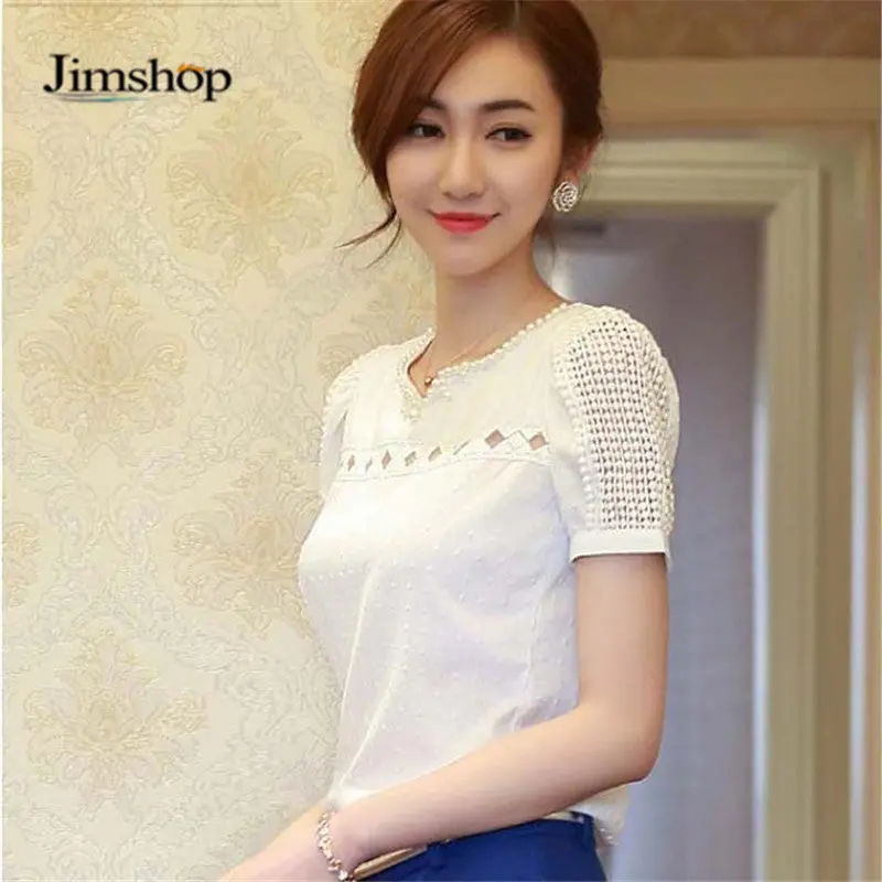 Blusas Camisas Blusas Femininas Women Tropical Blusa Lace Short Sleeve Shirt V Neck Doll Chiffon Tops Women Blouses 1