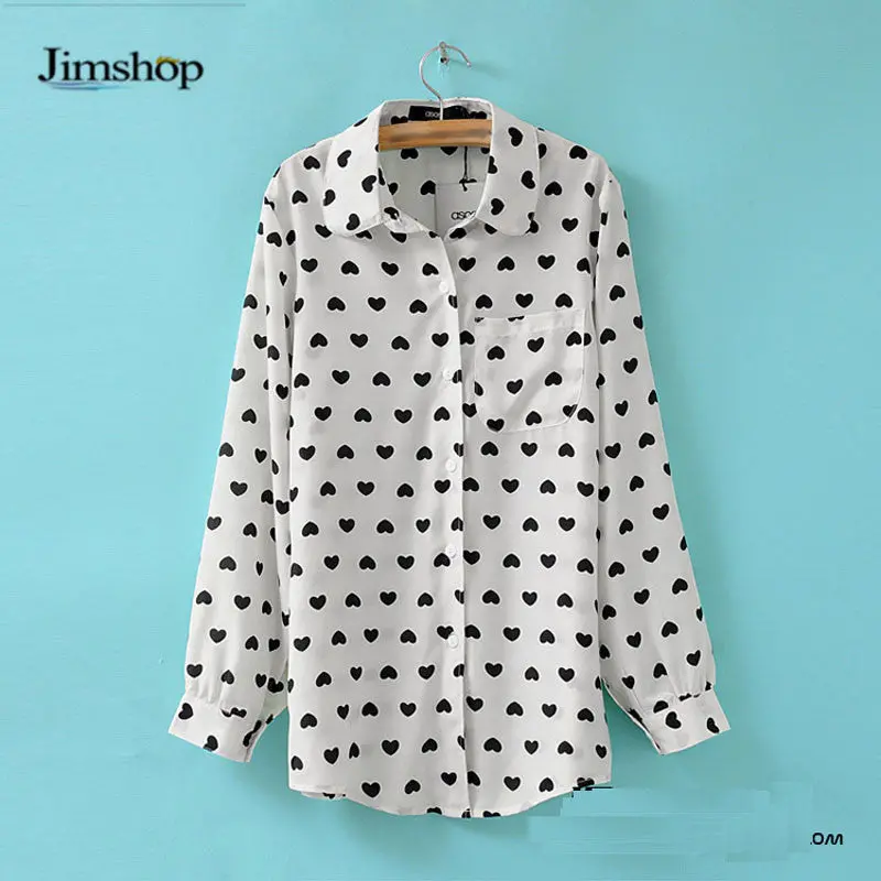Blusas Femininas Fashion Vintage Women's Shirt Chiffon Love Heart Sweet Black Women Long Sleeve Tops Roupas S M L 1