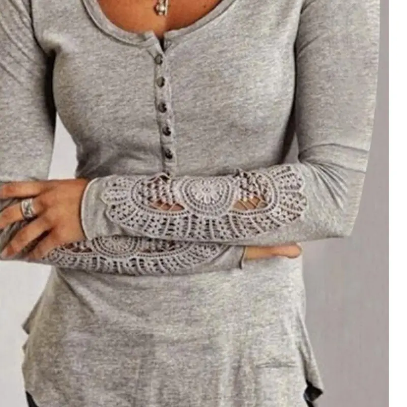 Blusas Femininas Women Embroidery Crochet Lace Sleeve Hollow Casual Solid O Neck Shirt Plus Size Tops 1