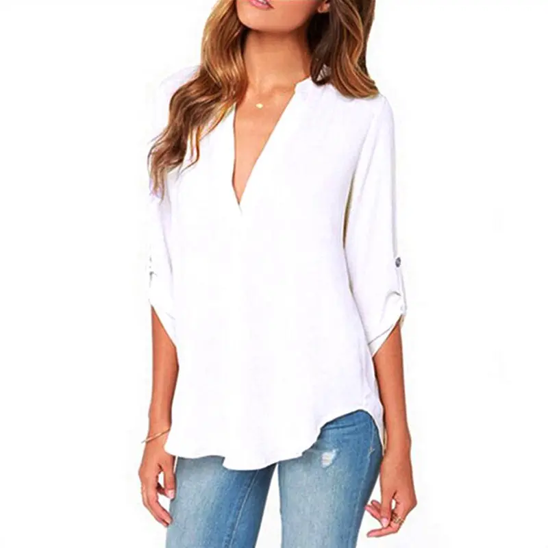 Blusas Femininasv Neck Solid Chiffon Blouse Tops Sexyol Long Sleeve Shirt Blouses 4 Colors Size M-Xxl 1