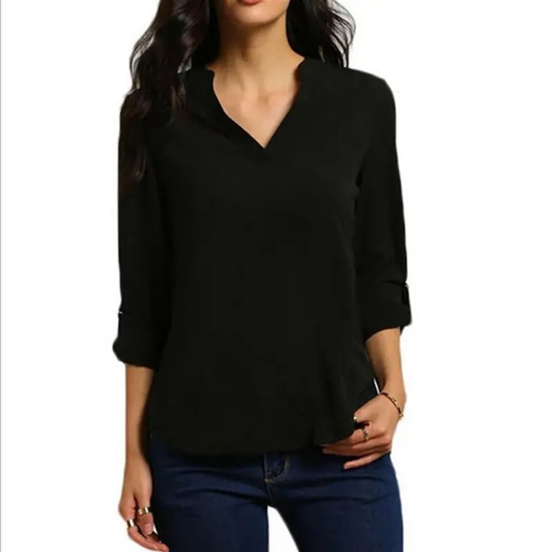 Blusas Femininasv Neck Solid Chiffon Blouse Tops Sexyol Long Sleeve Shirt Blouses 4 Colors Size M-Xxl 5