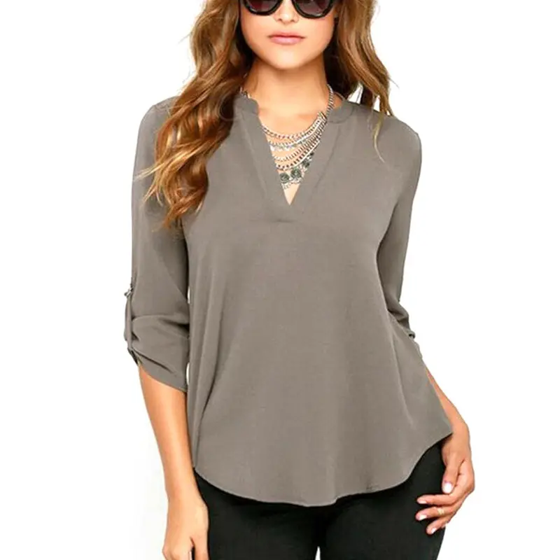 Blusas Femininasv Neck Solid Chiffon Blouse Tops Sexyol Long Sleeve Shirt Blouses 4 Colors Size M-Xxl 5