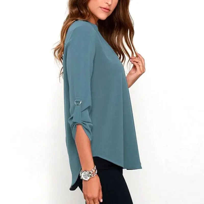 Blusas Femininasv Neck Solid Chiffon Blouse Tops Sexyol Long Sleeve Shirt Blouses 4 Colors Size M-Xxl 7