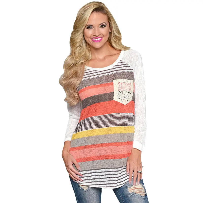Blusas Sexy Women Tops Stripes Lace Pocket Oneck Shirt Tops Blouses Slim Outwear Women 1
