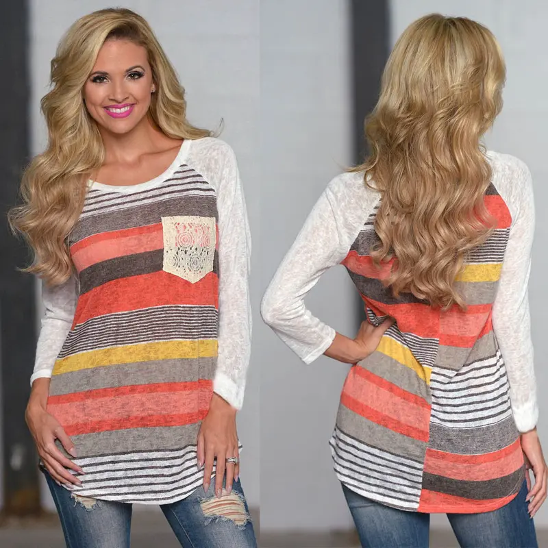Blusas Sexy Women Tops Stripes Lace Pocket Oneck Shirt Tops Blouses Slim Outwear Women 3
