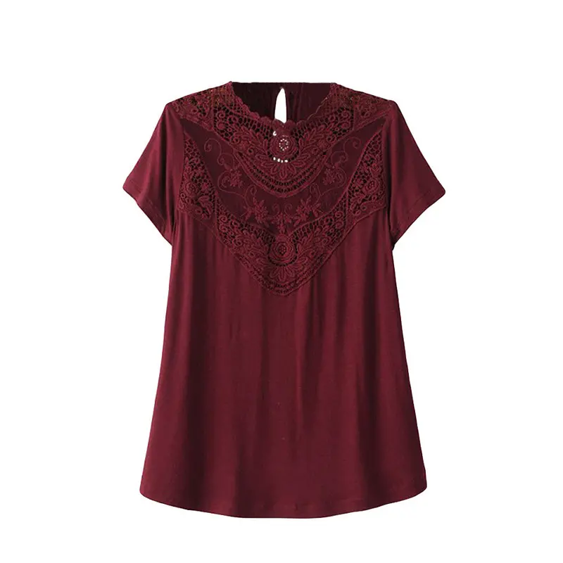 Blusass Vintage Floral Lace Women Blouse O Neck Short Sleeve Women Office Shirt Casual Crochet Tops Plus Size 1