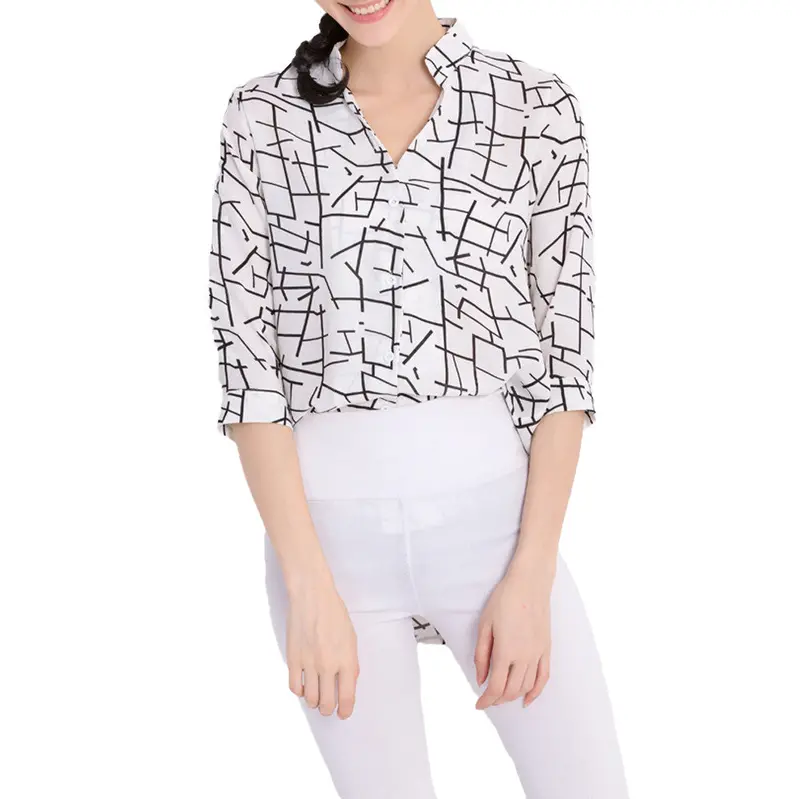 Blusass Women Blouses Contrast Pattern Asymmetric Hem Stand Collar Casual Shirts Women Tops Plus Size S-Xxl 1