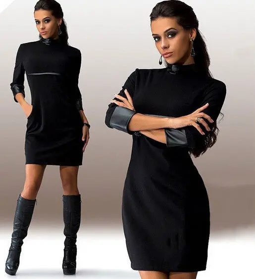 Bodycon Dress Vestidos Pu Leather Patchwork Dresses Casual Bandage Mini Dress Q0057 7