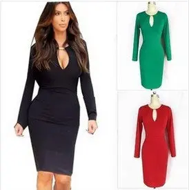 Bodycon Plus Size Women Dresses Casual Long Sleeve Knee-Length Sequined Patchwork Bandage Dress Red/Black/Green 1