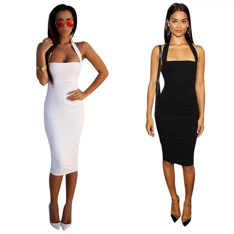 Bodycon Sexy Club Party Dresses Black White Sleeveless Soild Elegant Pencil Robe Vestidos De Festa 5