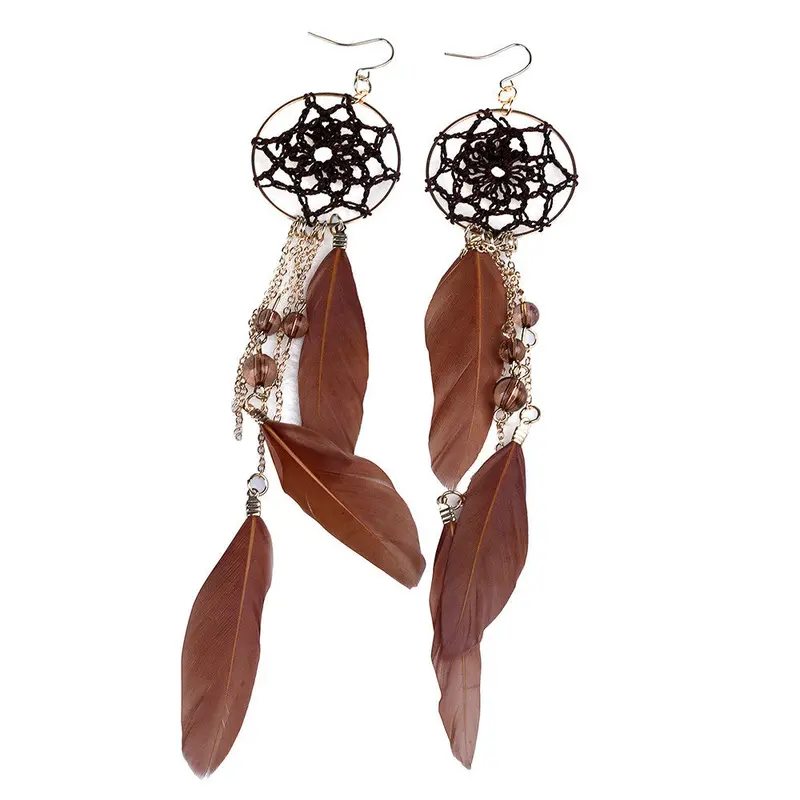 Bohemia Jewelry Girls Trendy Feather Beads Long Chain Tassel Design Dream Catcher Earrings For Women Dangler Earring 1