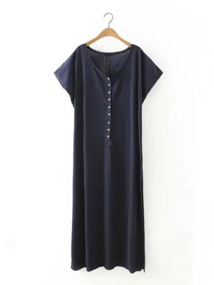 Bohemia Knitted Cotton Extra Long Dress Shirt Women Buttons Short Sleeve Side Slit Mid Long Dresses Casual Tops 3 Color 1