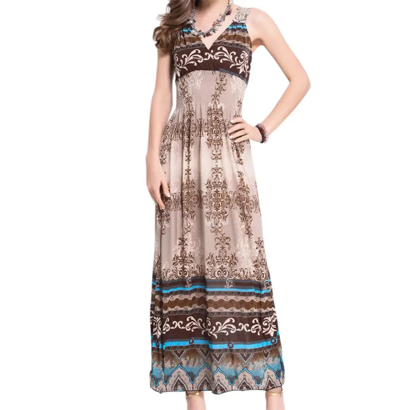 Bohemia Printing Dress Boho Beach Resort Long Dress Vestidos V-Neck Lace Hook Flower One Size Women Dress Vestido 1