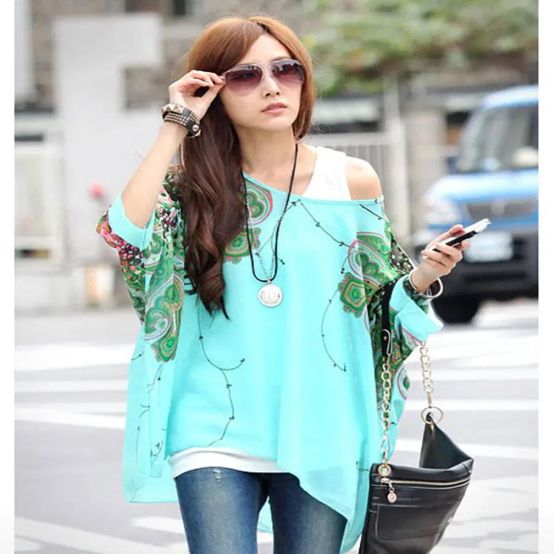 Bohemia Women Floral Batwing Chiffon Loose Shirt Blouse 2