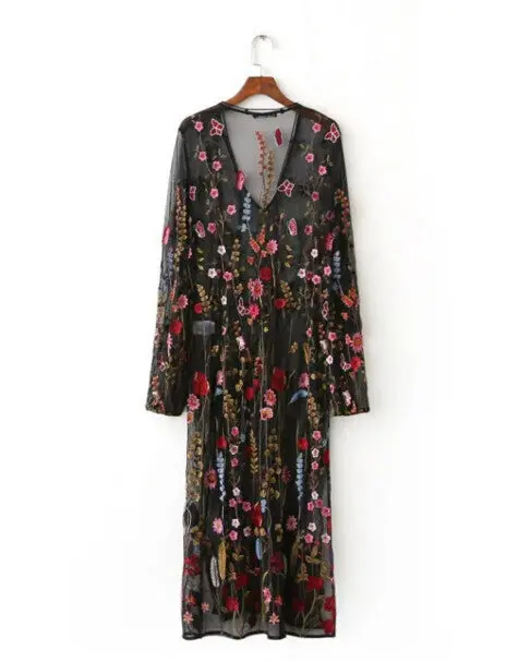 Bohemian Black Color Colored Flower Embroidery Mesh Dress Woman Fringed V Neck Side Slit Long Dresses Femme 1