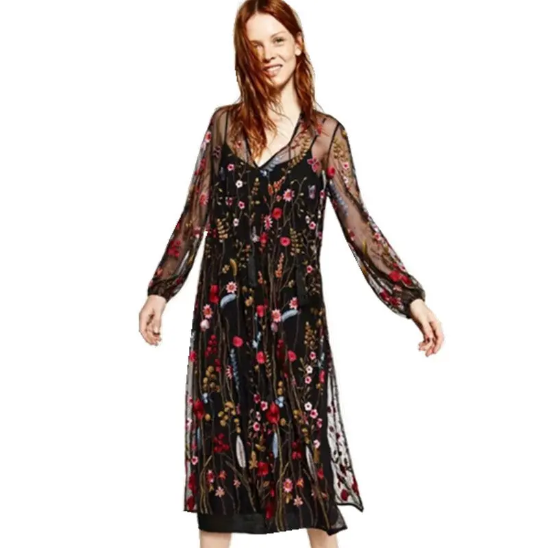 Bohemian Black Color Colored Flower Embroidery Mesh Dress Woman Fringed V Neck Side Slit Long Dresses Femme 2