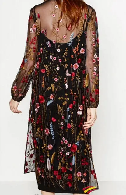 Bohemian Black Color Colored Flower Embroidery Mesh Dress Woman Fringed V Neck Side Slit Long Dresses Femme 3