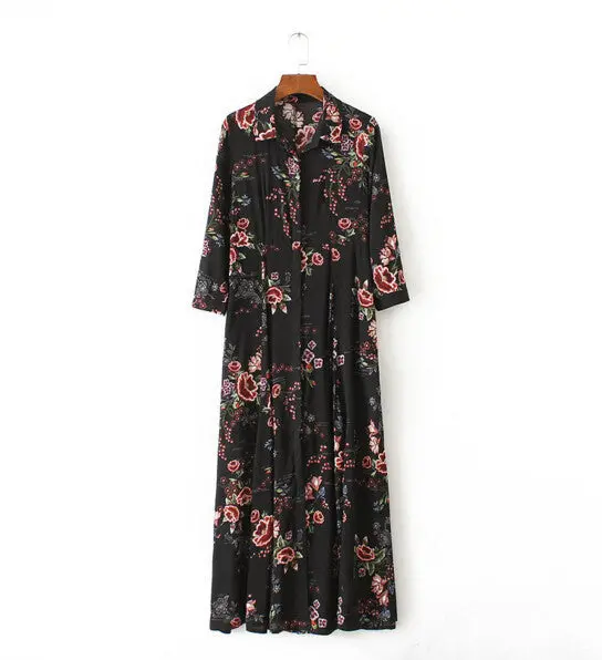Bohemian Black Color Half Sleeve Colored Floral Print Dress Woman High Waist Buttons Cotton Long Dresses Femme 1