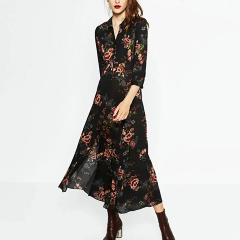 Bohemian Black Color Half Sleeve Colored Floral Print Dress Woman High Waist Buttons Cotton Long Dresses Femme 2