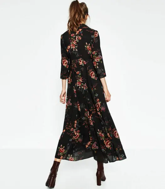 Bohemian Black Color Half Sleeve Colored Floral Print Dress Woman High Waist Buttons Cotton Long Dresses Femme 3