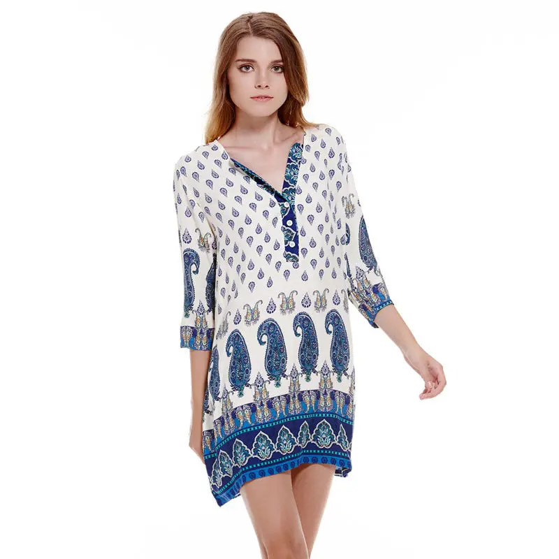 Bohemian Dress Vintage Floral Print Style Shift Dress Loose Women Dress Vestidos Vintage Boho Vestido De Festa Plus Size 1
