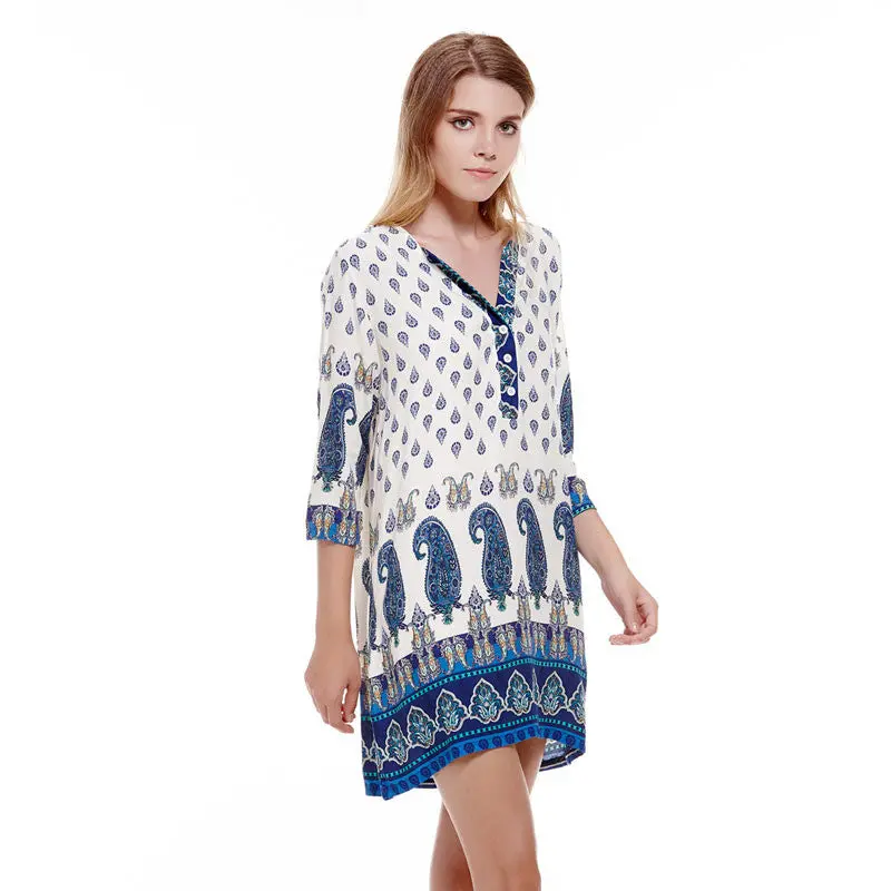Bohemian Dress Vintage Floral Print Style Shift Dress Loose Women Dress Vestidos Vintage Boho Vestido De Festa Plus Size 2