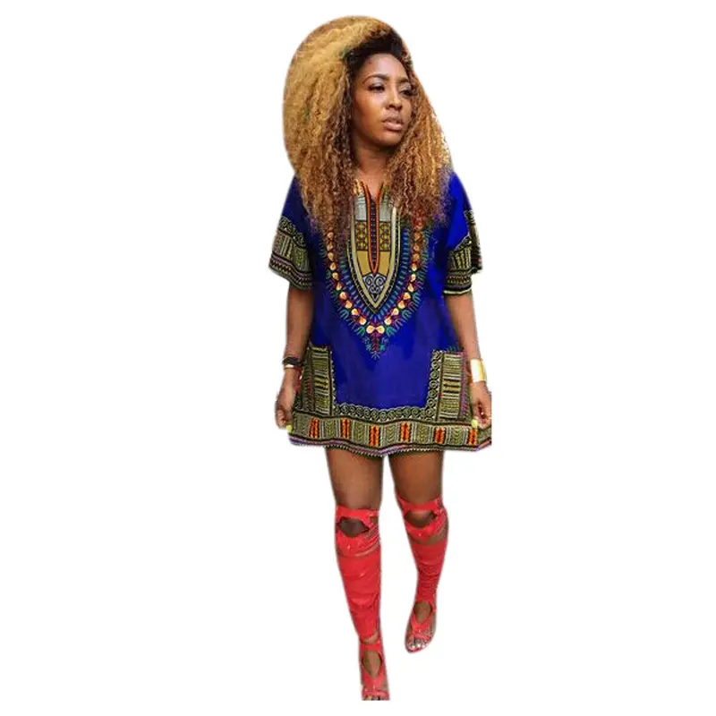 Bohemian Dress Women African Print Casual Straight Print Above Knee Mini Dress Dresses Big Size Sale Feida 1