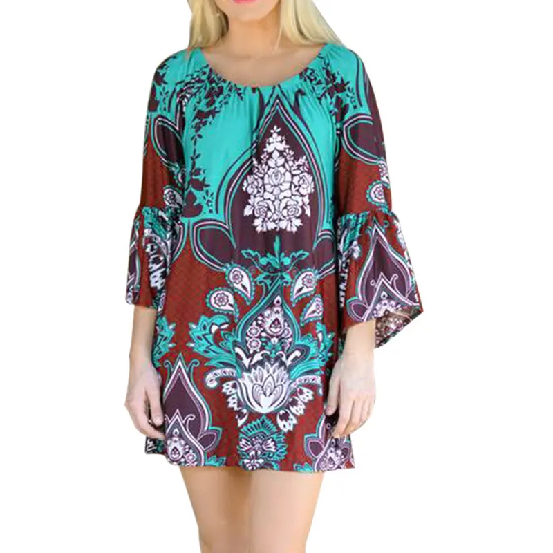Bohemian Printed Off-Shoulder O-Neck Party Beach Dress Boho Vestidos Dress 1 Stl 1