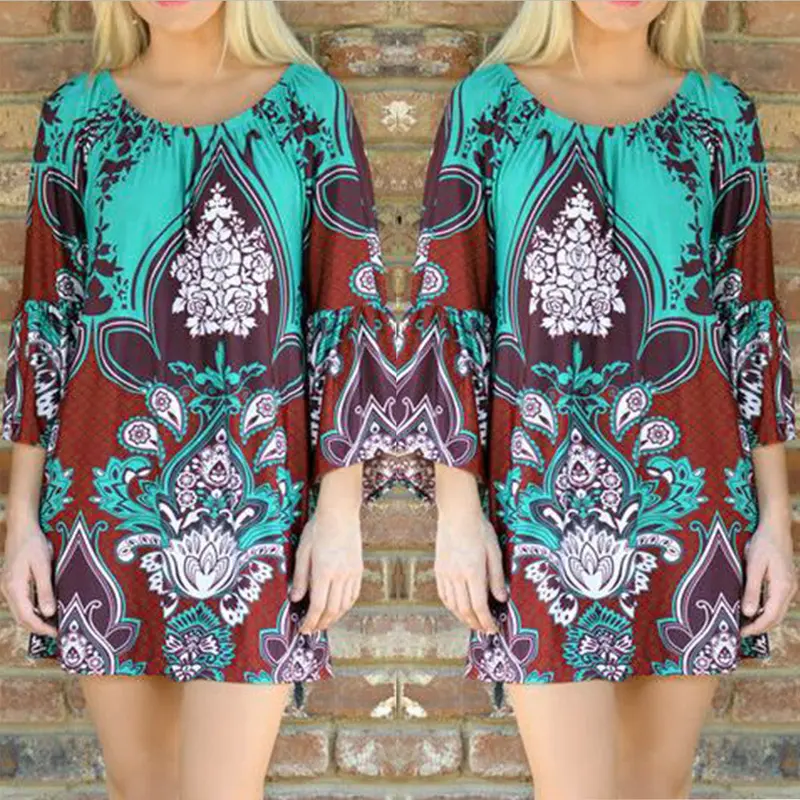 Bohemian Printed Off-Shoulder O-Neck Party Beach Dress Boho Vestidos Dress 1 Stl 3
