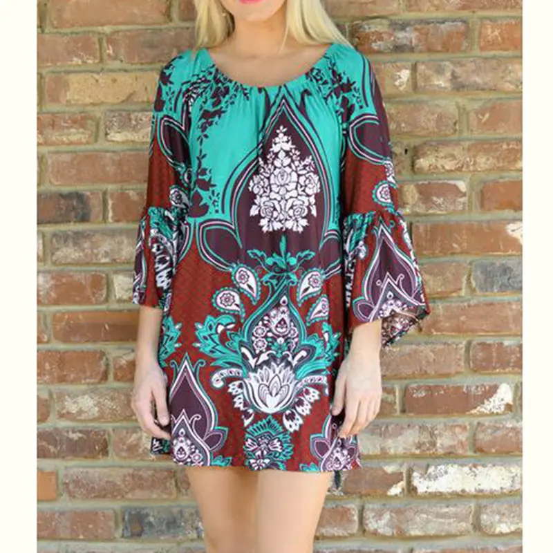 Bohemian Printed Off-Shoulder O-Neck Party Beach Dress Boho Vestidos Dress 1 Stl 4