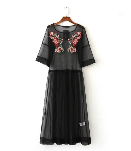 Bohemian Transparent Colored Flower Embroidery Mesh Dress Woman O Neck Half Sleeve Long Dresses Femme Black Color 1
