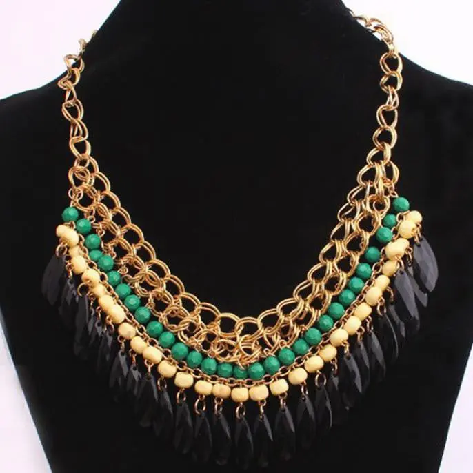 Bohemian Vintage Stylish Layered Beads Tassel Choker Bib Gold Necklace Green Free Shopping & 1