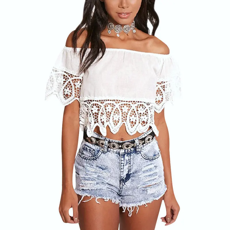 Bohemian White Crop Top For Women Off Shoulder Lace Splice T Shirt Camisetas Tops Slash Neck Women Clothing 1