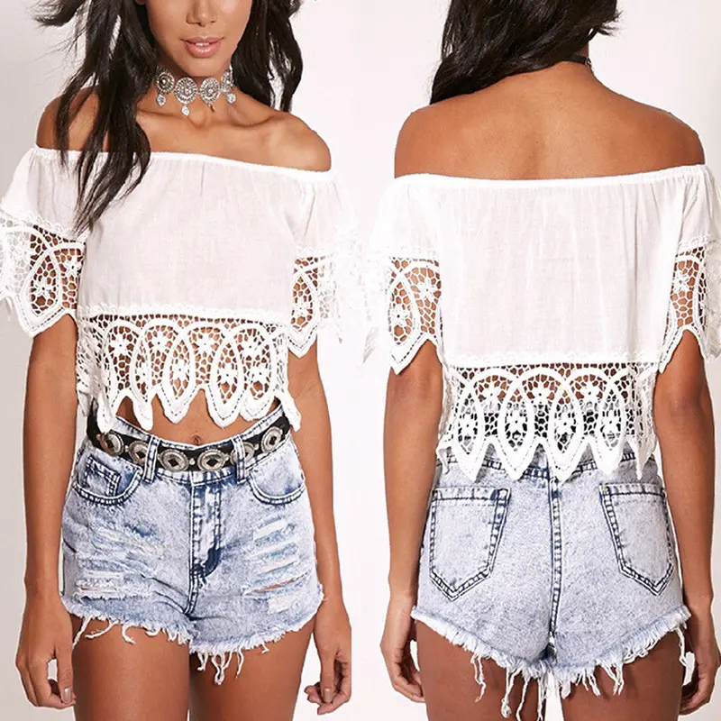 Bohemian White Crop Top For Women Off Shoulder Lace Splice T Shirt Camisetas Tops Slash Neck Women Clothing 2