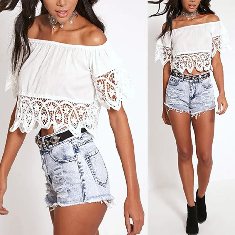 Bohemian White Crop Top For Women Off Shoulder Lace Splice T Shirt Camisetas Tops Slash Neck Women Clothing 3