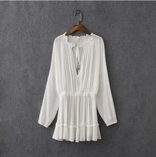 Boho Bell Deep V Neck Long Sleeve Short Dress Women Ruffles Pleated Dresses Casual Dress White S M L 1
