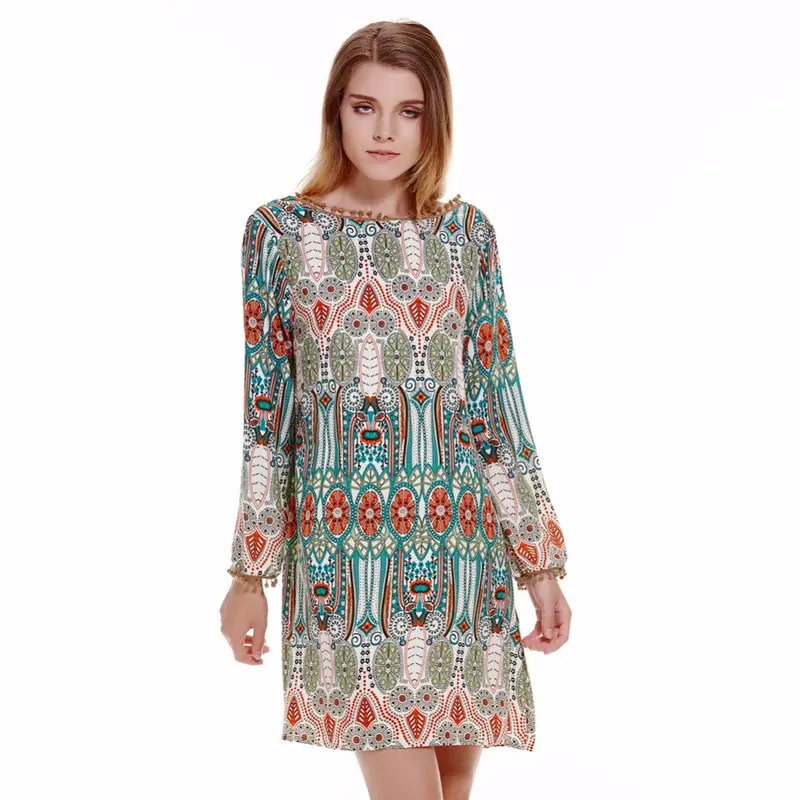 Boho Dress Vintage Women V-Back Party Dress Floral Print Long Sleeve Short Dress Vestidos Vintage Boho 1