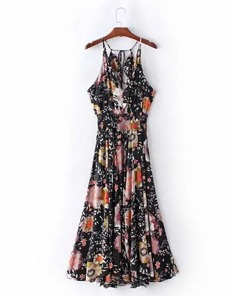 Boho Floral Print Halter Backless Maxi Dress Women Deep V Neck Elastic Waist Sling Beach Long Midi Swing Dresses 1