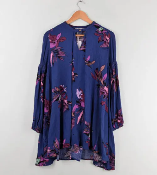 Boho Flower Print V Neck Pullover Dress Women Lanern Sleeve Irregular Cotton Loose Dresses Beach 3 Colors 1