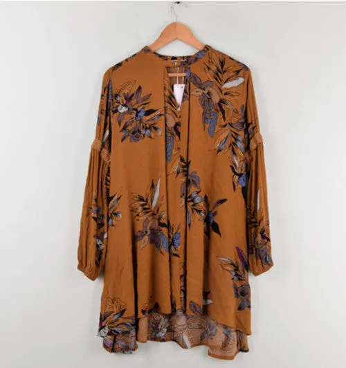 Boho Flower Print V Neck Pullover Dress Women Lanern Sleeve Irregular Cotton Loose Dresses Beach 3 Colors 4