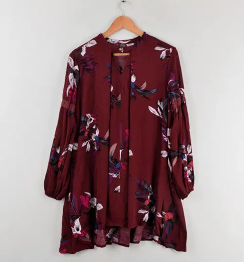 Boho Flower Print V Neck Pullover Dress Women Lanern Sleeve Irregular Cotton Loose Dresses Beach 3 Colors 7