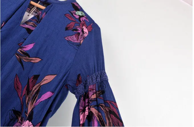Boho Flower Print V Neck Pullover Dress Women Lanern Sleeve Irregular Cotton Loose Dresses Beach 3 Colors 9