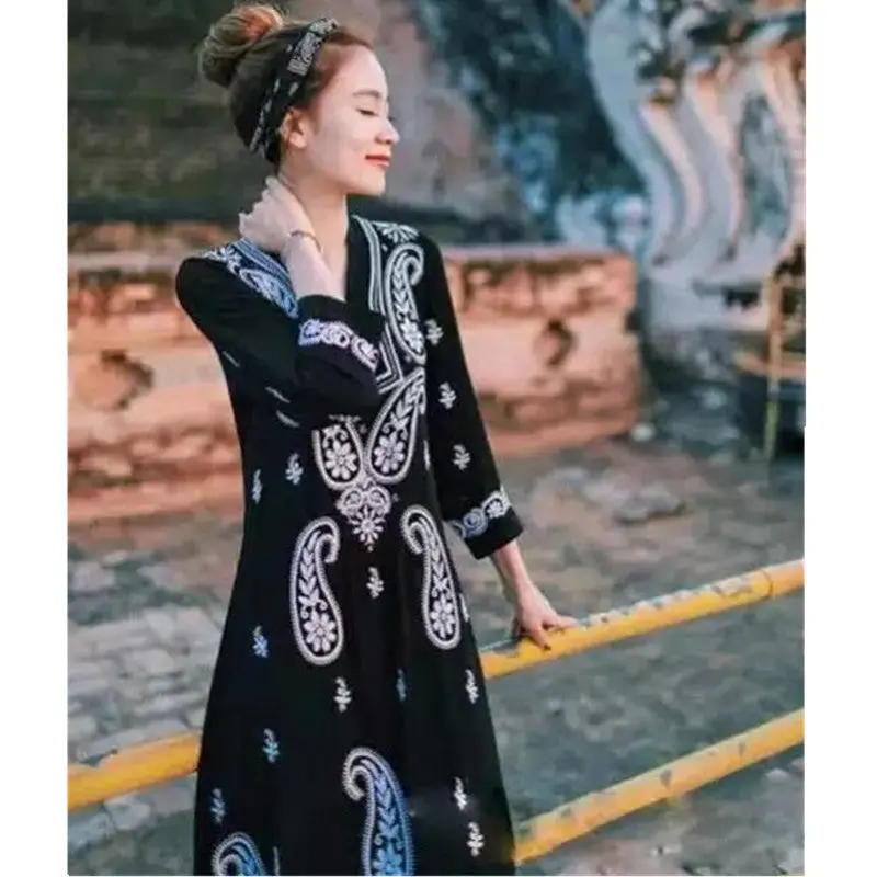 Boho White Embroidery Flower Spliced Lace Dress Woman Hollow Out Lace Wrinkle Cotton Full Sleeve Cotton Dresses Black 2