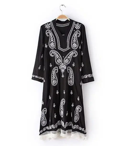 Boho White Embroidery Flower Spliced Lace Dress Woman Hollow Out Lace Wrinkle Cotton Full Sleeve Cotton Dresses Black 3