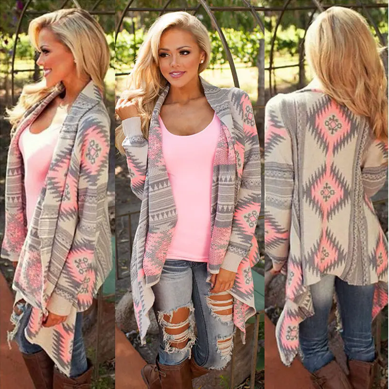 Boho Women Long Sleeve Geometric Printed Sweaters Kimono Loose Sweater Outwear Jacket Coat Women's Clothing 2