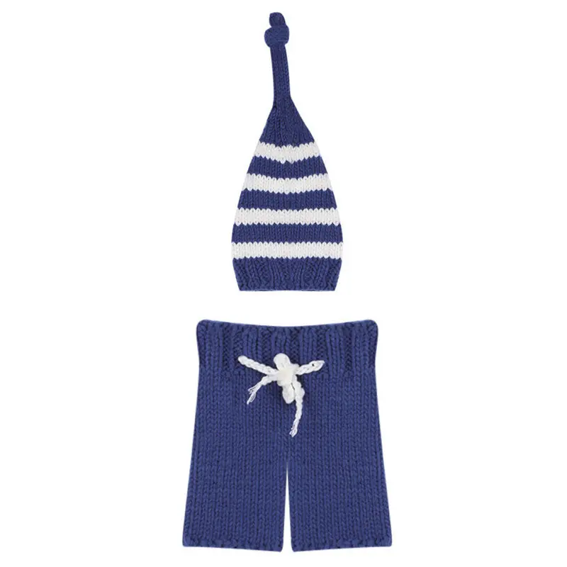 Born Baby Pography Props Infant Knit Crochet Costume Blue Striped St Outfits Beanie+ Pants Baby Shower Gift 1
