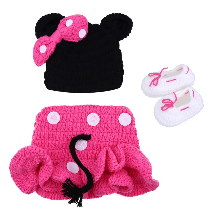 Born Pography Props Baby Girl Hat + Skirt + Baby Shoes Crochet Knit Mouse Costume Po Pink 1