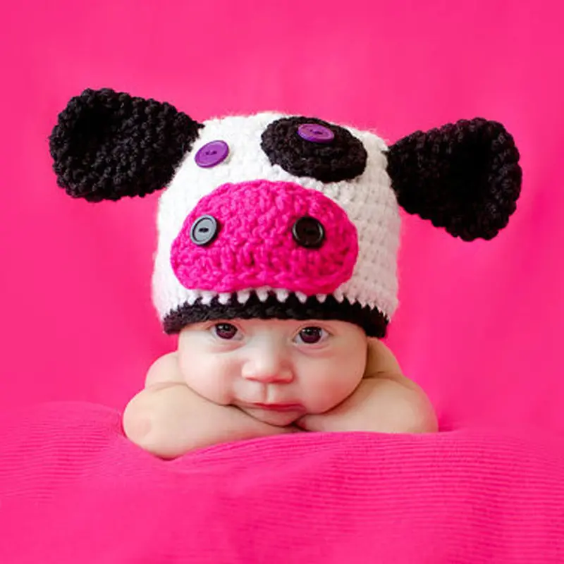 Born Pography Props Baby Hat Crochet Knitted Cap Beanie Cute Infants Cow Hat Ear 1