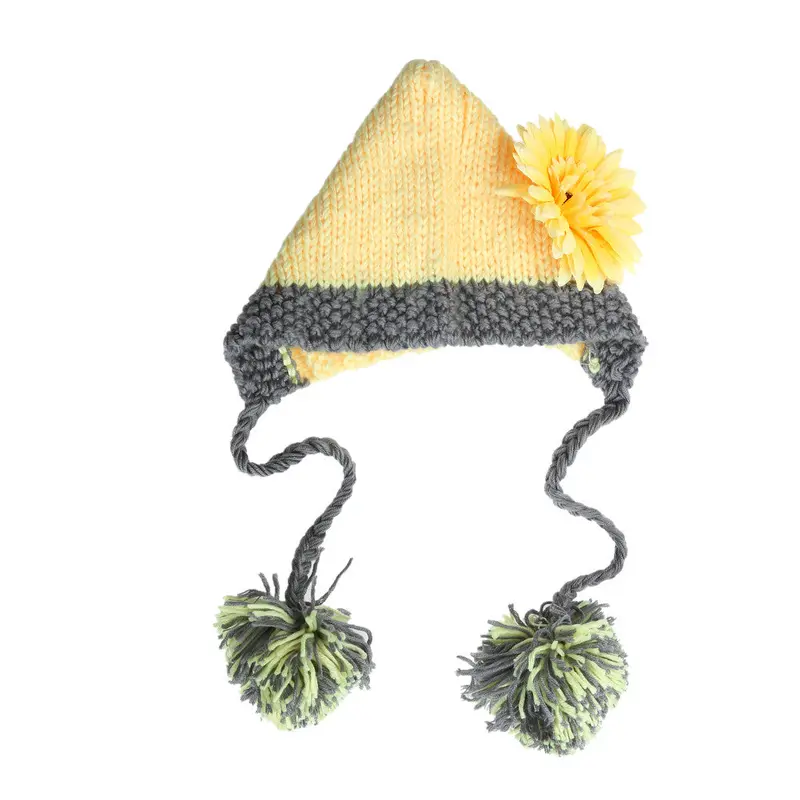 Born Pography Props Baby Hat Pompon Crochet Knit Chrysanthemum Flower Baby Caps Infant Beanie Yellow 1