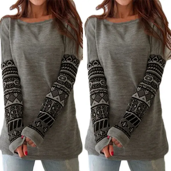 Bottoming Shirts Women's Printing Sleeve Patchwork O Neck Cotton Blouses Tops Plus Size Lx093 2